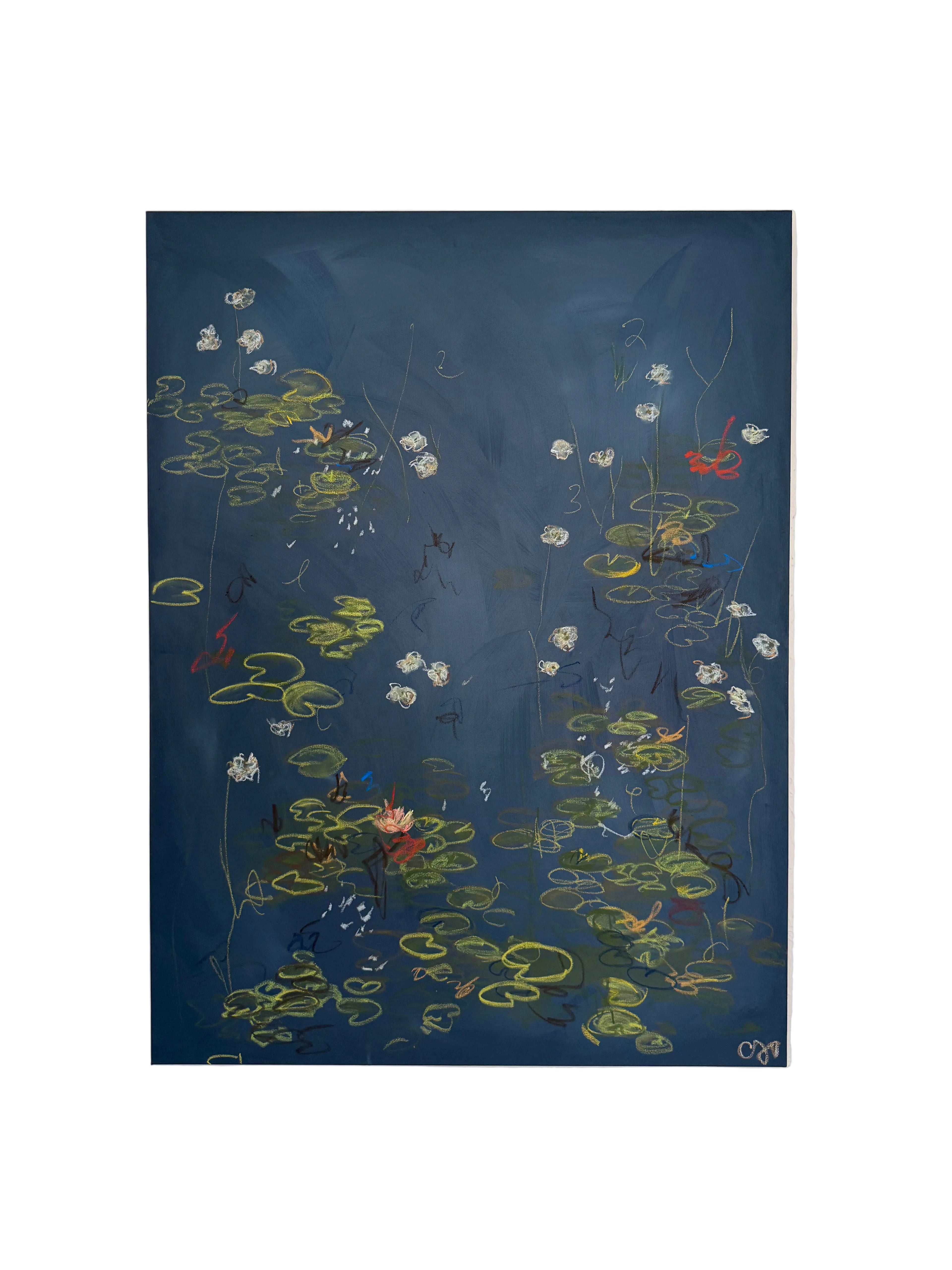 A vertical painting of a pond scene with lily pads, white flowers, and a few red waterlilies on a dark navy blue background, hung on a light beige wall.